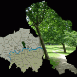 photo of trees shadow and path superimposed on map of london boroughs