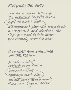 cabe's guide with handwritten note about planning the plan and being well thought out